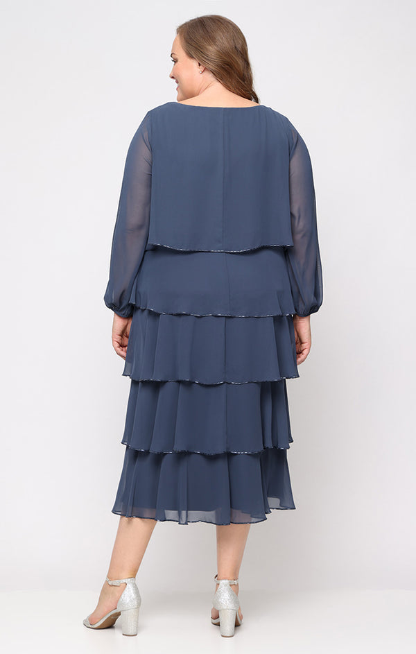 S.L. Fashions Plus Tea Length Tiered Dress With Bugle Beads