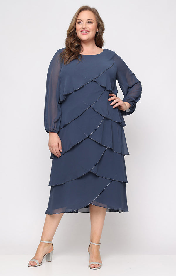 S.L. Fashions Plus Tea Length Tiered Dress with Bugle Beads S.L. Fashions Plus Tea Length Tiered Dress with Bugle Beads