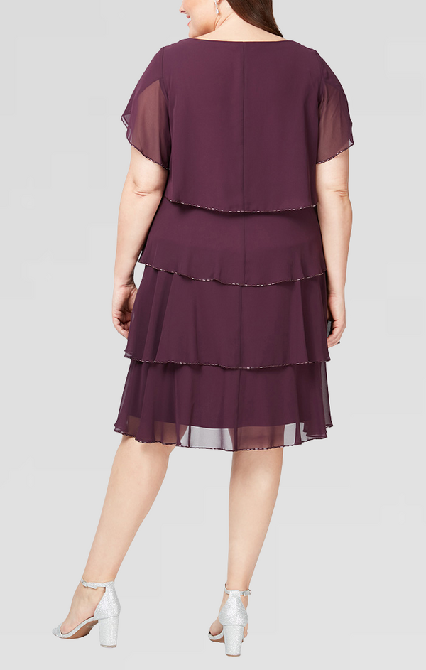 S.L. Fashions Plus Tiered Chiffon Cocktail Dress With Bugle Beaded Trim And Flutter Sleeves
