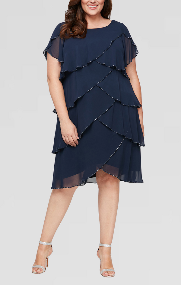 S.L. Fashions Plus Tiered Chiffon Cocktail Dress With Bugle Beaded Trim And Flutter Sleeves