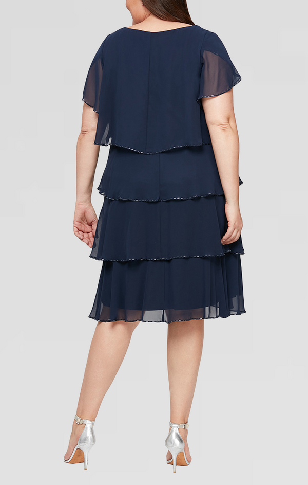 S.L. Fashions Plus Tiered Chiffon Cocktail Dress With Bugle Beaded Trim And Flutter Sleeves