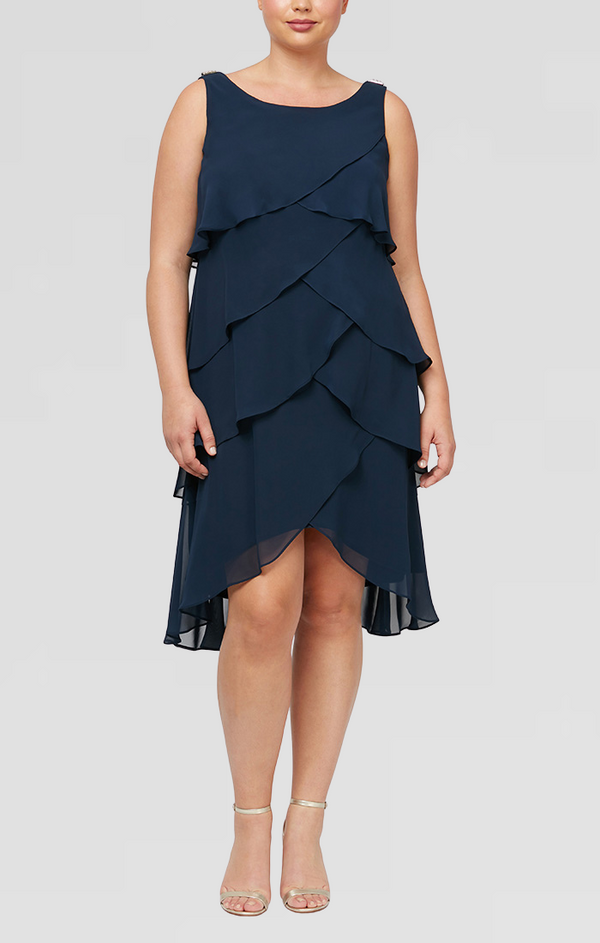 S.L. Fashions Plus Tulip Tiered Chiffon Cocktail Dress with Barrel Pins