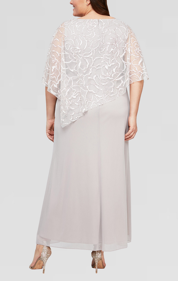 S.L. Fashions Plus - V-Neck Glitter Mesh Gown With Floral Chiffon Asymmetric Cape