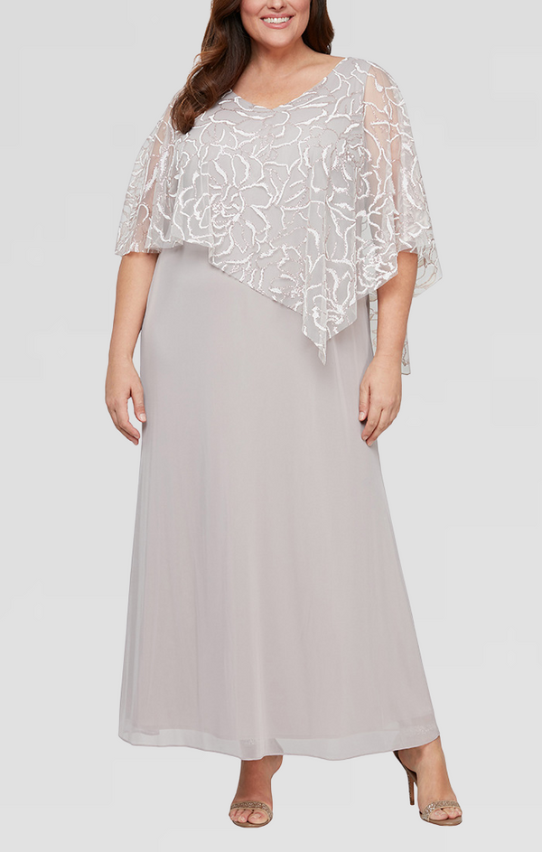 S.L. Fashions Plus - V-Neck Glitter Mesh Gown with Floral Chiffon Asymmetric Cape