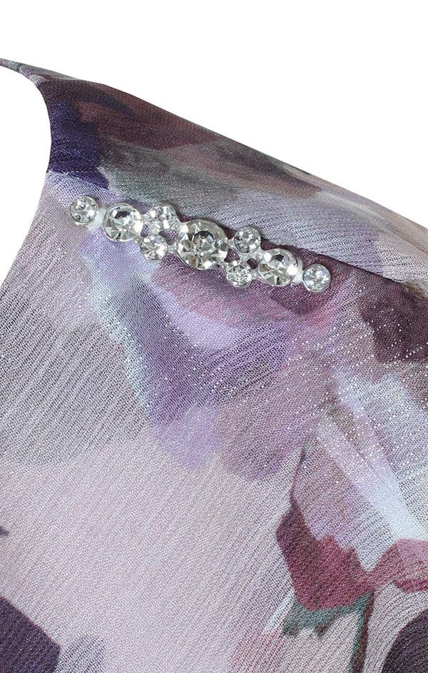 S.L. Fashions Printed Chiffon Tiered Dress With Capelet Sleeves And Embellishment At Shoulders