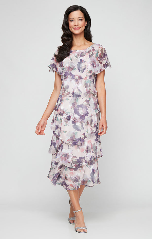 S.L. Fashions Printed Chiffon Tiered Dress With Capelet Sleeves and Embellishment at Shoulders
