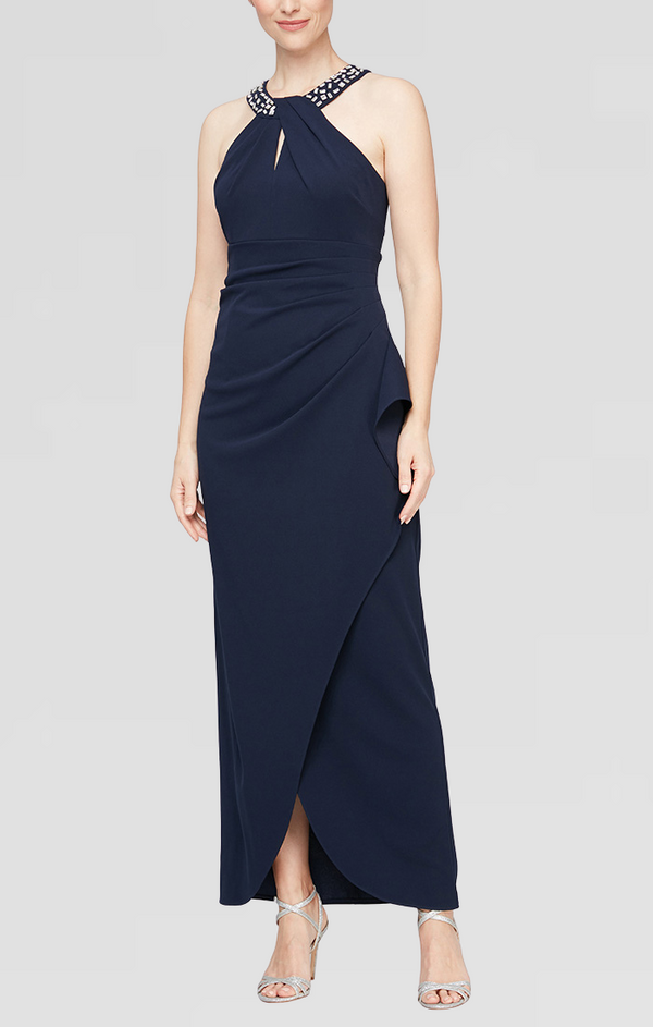 S.L. Fashions Regular - Beaded Halter Neck Matte Jersey Dress With Side Ruching At The Waist
