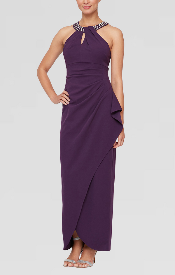 S.L. Fashions Regular - Beaded Halter Neck Matte Jersey Dress with Side Ruching at the Waist