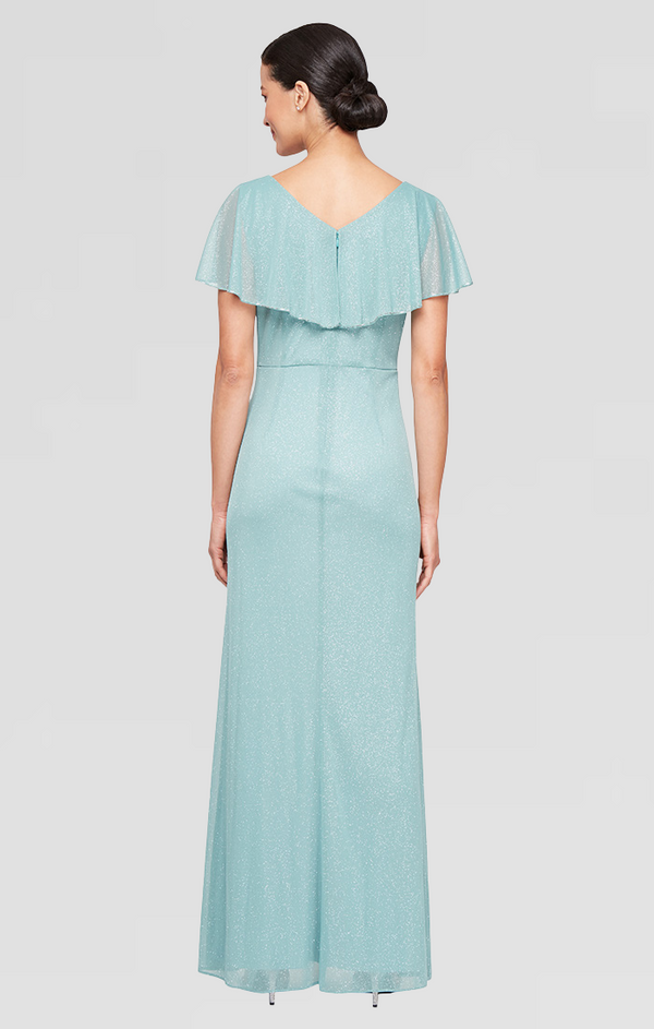 S.L. Fashions Regular - Capelet Glitter Mesh Dress With Cascade Detail Skirt And Bugle Bead Detail