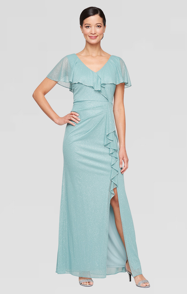 S.L. Fashions Regular - Capelet Glitter Mesh Dress with Cascade Detail Skirt and Bugle Bead Detail