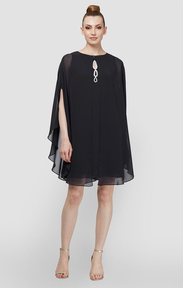 S.L. Fashions Regular - Chiffon Cocktail Dress with Beaded Neck and Removable Capelet