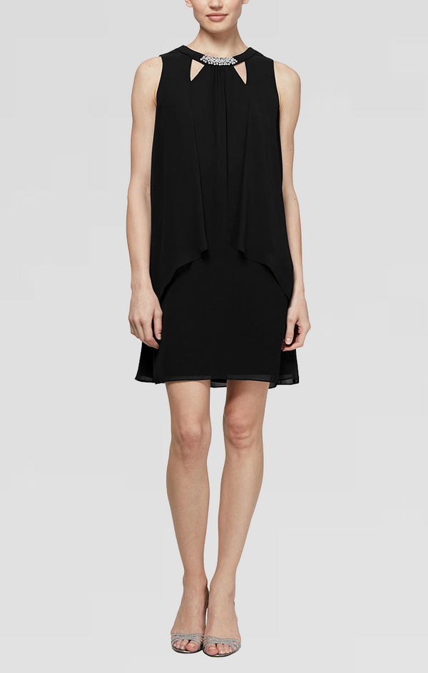 S.L. Fashions Regular - Chiffon Cocktail Dress With Cutout Neckline And Pearl Trim Detail