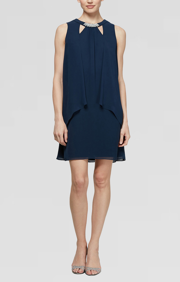 S.L. Fashions Regular - Chiffon Cocktail Dress with Cutout Neckline and Pearl Trim Detail