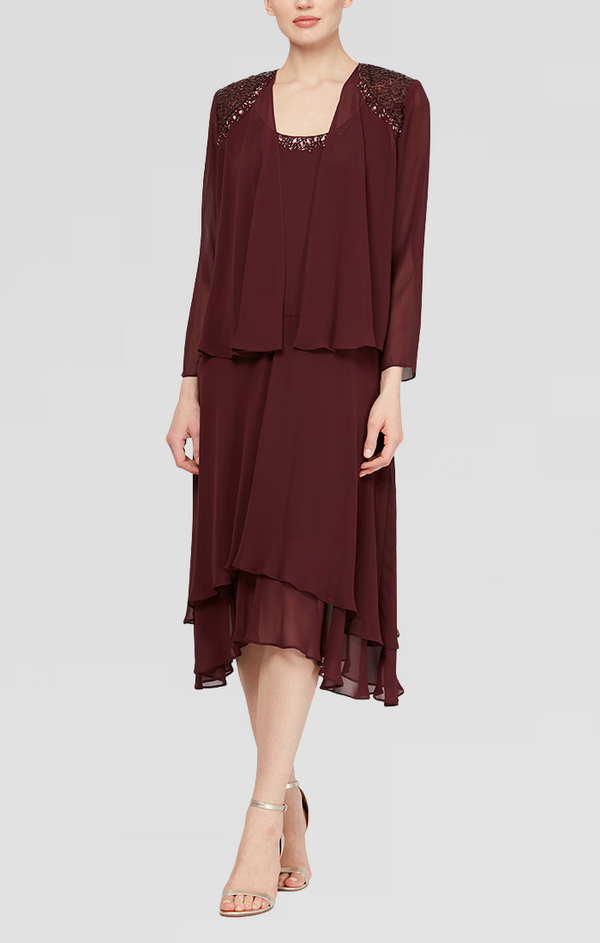 S.L. Fashions Regular - Chiffon Jacket Dress With Beaded Shoulder Detail & Tiered Skirt