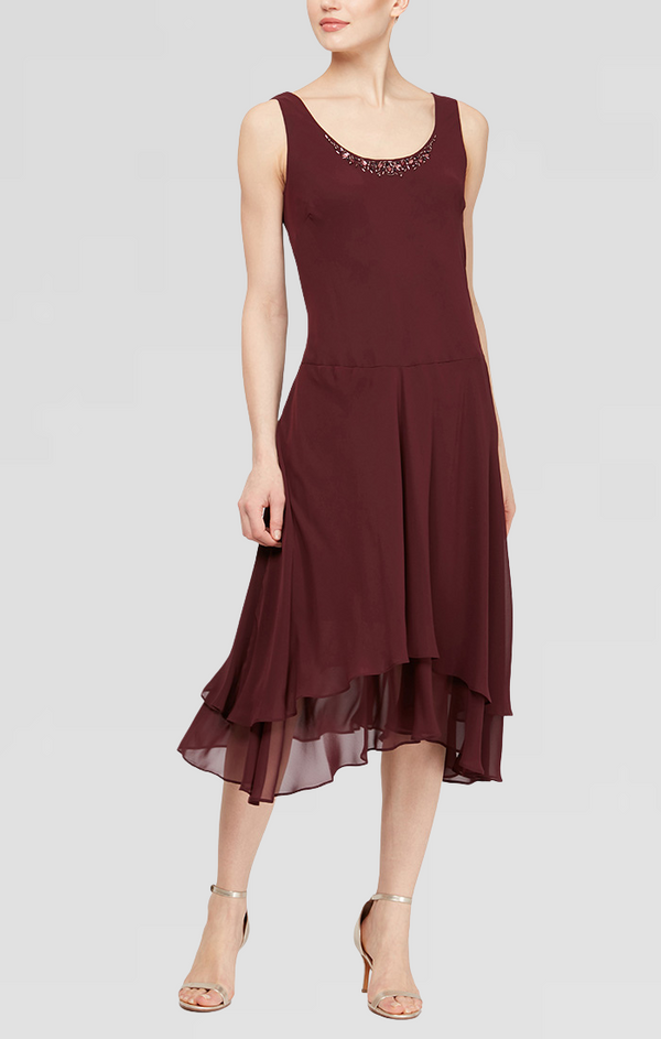 S.L. Fashions Regular - Chiffon Jacket Dress With Beaded Shoulder Detail & Tiered Skirt