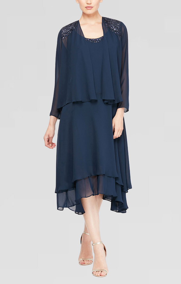 S.L. Fashions Regular - Chiffon Jacket Dress with Beaded Shoulder Detail & Tiered Skirt