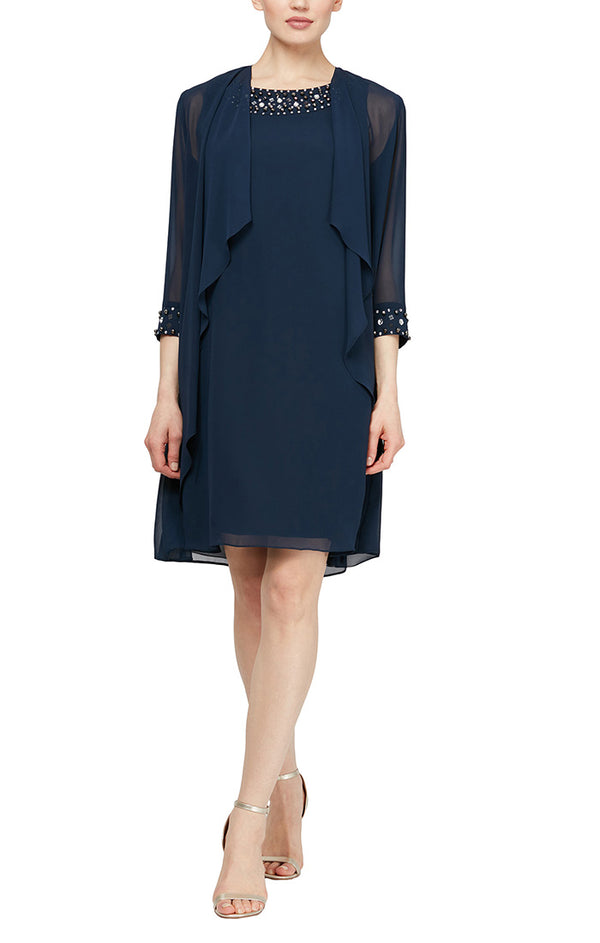 S.L. Fashions Regular - Chiffon Jacket Dress with Beadwork Detail on Collar & Cuffs