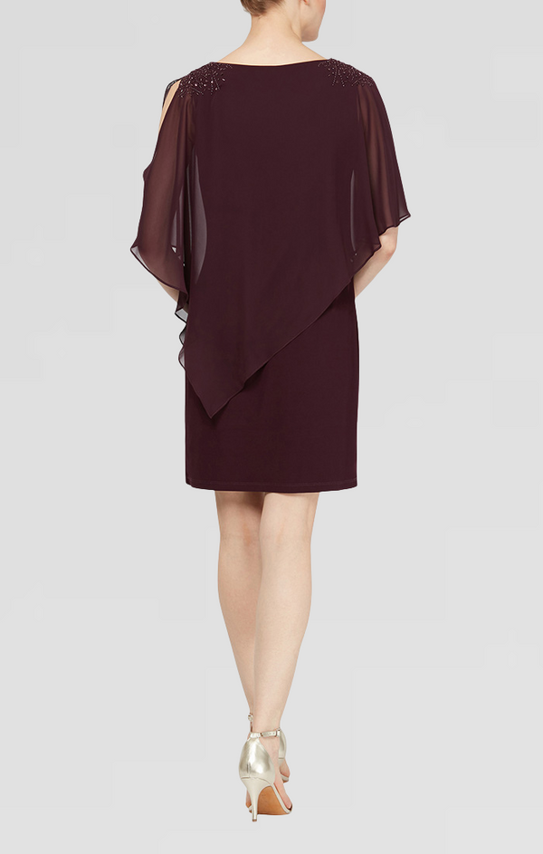 S.L. Fashions Regular - Chiffon Overlay Jersey Sheath Dress With Beaded Shoulder Detail