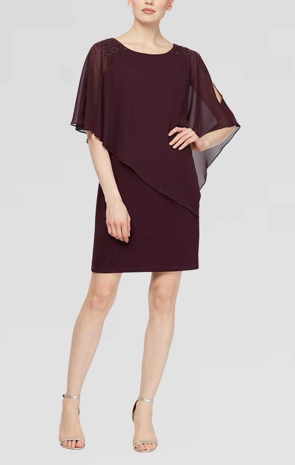 S.L. Fashions Regular - Chiffon Overlay Jersey Sheath Dress with Beaded Shoulder Detail