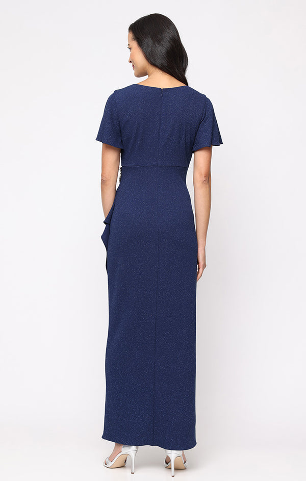 S.L. Fashions Regular - Empire Waist Metallic Knit Dress With Surplice Neckline Flutter Sleeves Embellishment Detail At Hip And Cascade Skirt