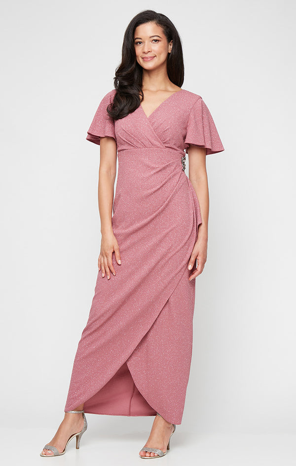 S.L. Fashions Regular - Empire Waist Metallic Knit Dress With Surplice Neckline Flutter Sleeves Embellishment Detail At Hip And Cascade Skirt