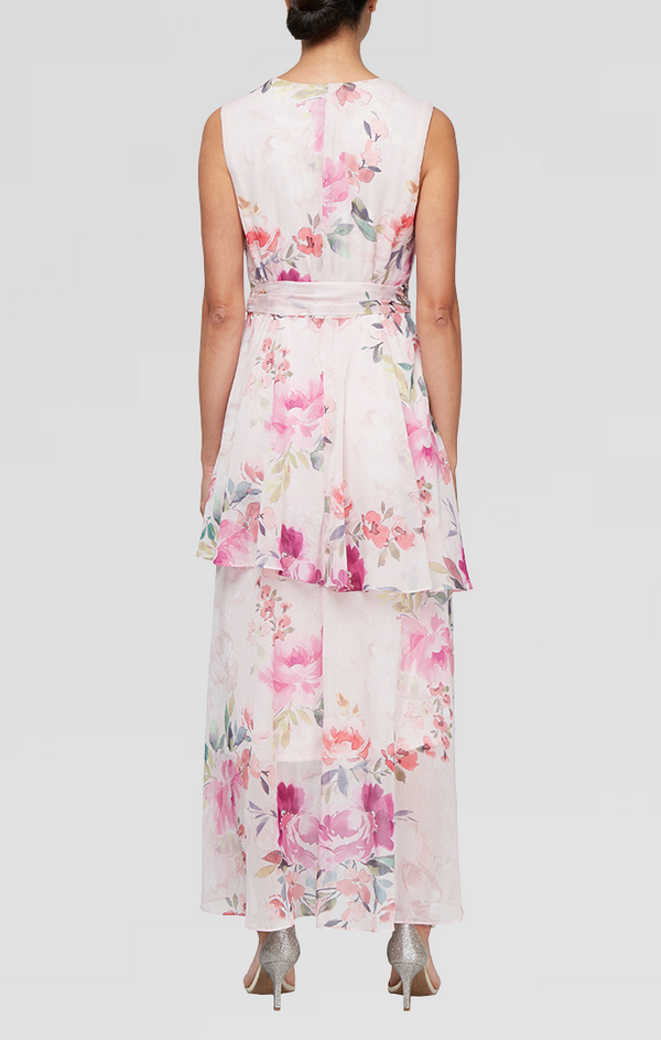 S.L. Fashions Regular - Floral Chiffon High-Low Dress With Tiered Skirt And Tie Belt