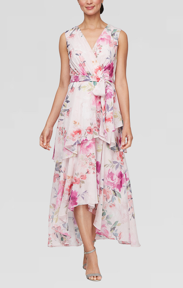 S.L. Fashions Regular - Floral Chiffon High-Low Dress with Tiered Skirt and Tie Belt