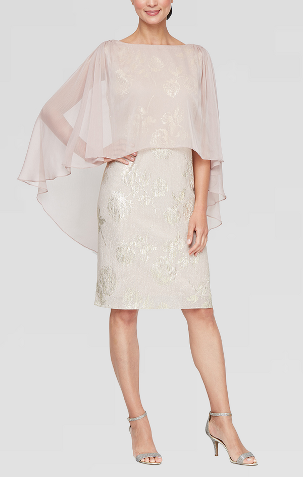 S.L. Fashions Regular - Foil Chiffon Detail Dress with High/Low Overlay Bodice