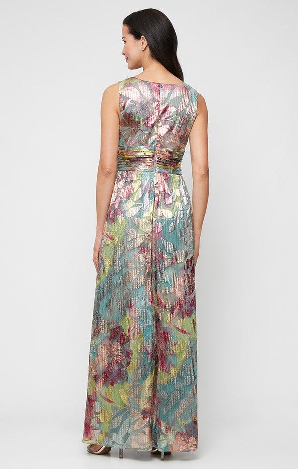 S.L. Fashions Regular - Foil Printed Sleeveless Dress With Surplice Neckline And Ruched Waist