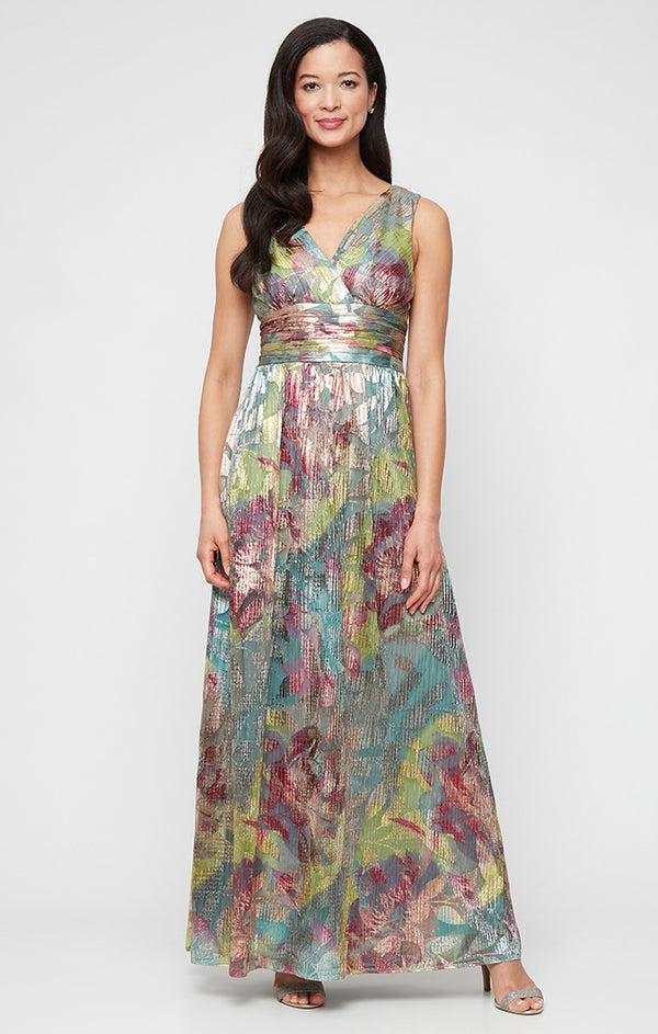 S.L. Fashions Regular - Foil Printed Sleeveless Dress with Surplice Neckline and Ruched Waist