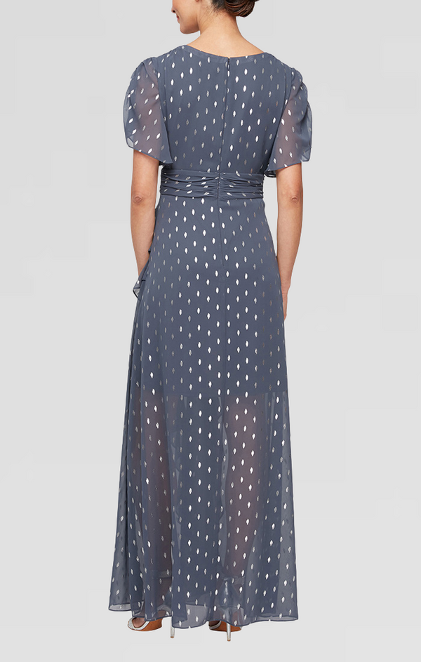 S.L. Fashions Regular - Foil Printed Surplice Dress With Ruched Waist & Cascade Ruffle Skirt Detail