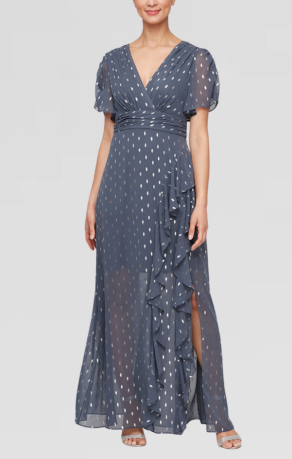 S.L. Fashions Regular - Foil Printed Surplice Dress with Ruched Waist & Cascade Ruffle Skirt Detail