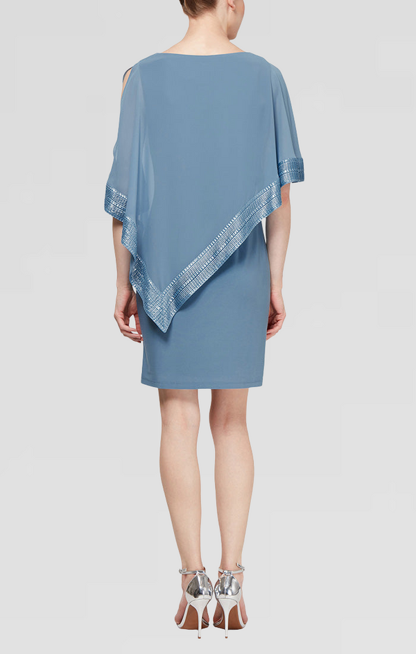 S.L. Fashions Regular - Foil Trim Asymmetrical Chiffon & Jersey Popover Cape Dress