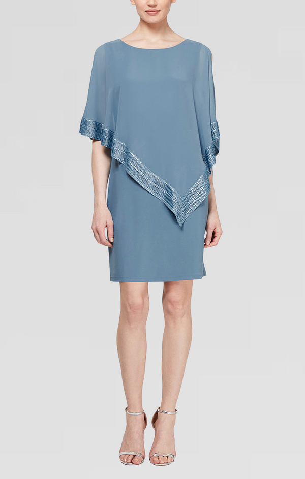 S.L. Fashions Regular - Foil Trim Asymmetrical Chiffon & Jersey Popover Cape Dress