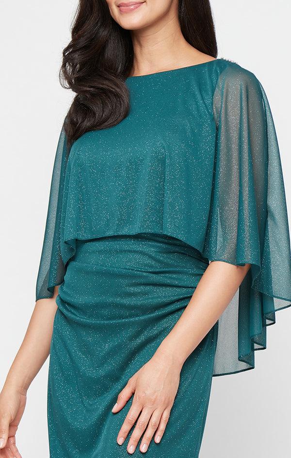 S.L. Fashions Regular - Glitter Mesh Sheath Dress With Overlay Bodice And Embellishment Detail At Shoulders