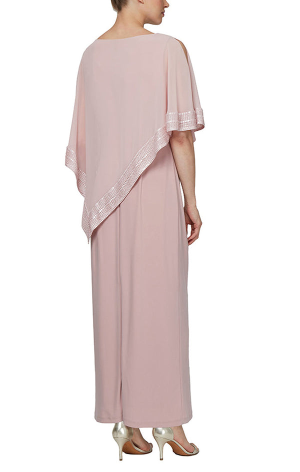 S.L. Fashions Regular - Jersey Column Dress With Asymmetrical Chiffon Cape Overlay With Metallic Trim