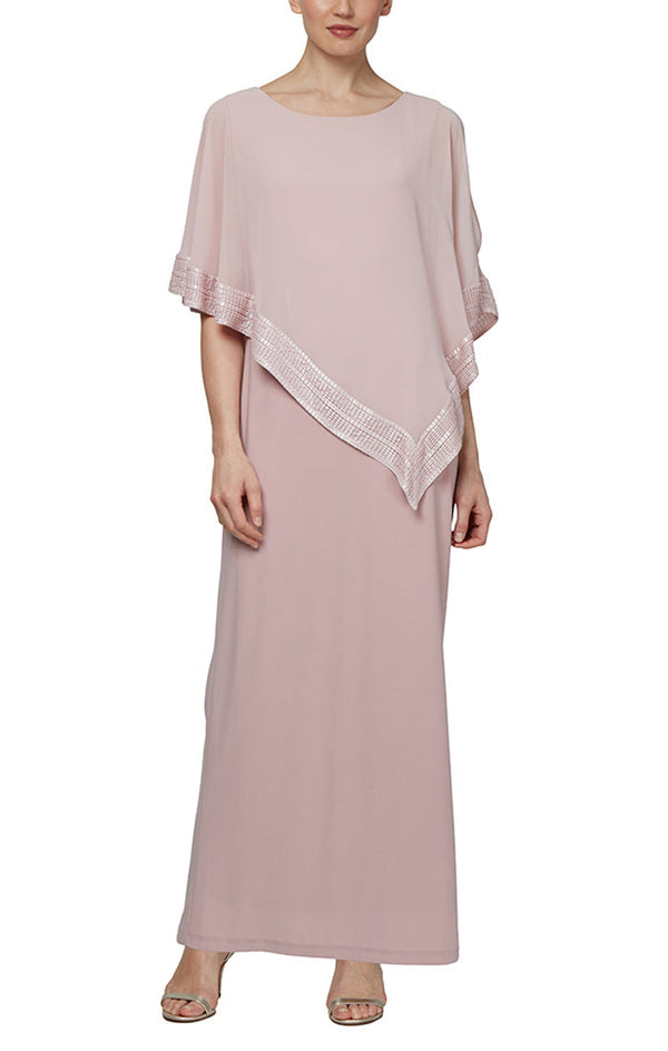 S.L. Fashions Regular - Jersey Column Dress with Asymmetrical Chiffon Cape Overlay with Metallic Trim