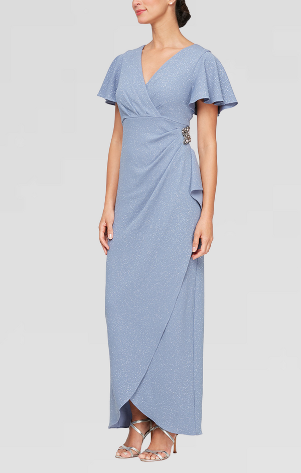 S.L. Fashions Regular - Long Empire Waist Dress with Surplice Neckline Flutter Sleeves Embellishment Detail at Hip and Cascade Skirt