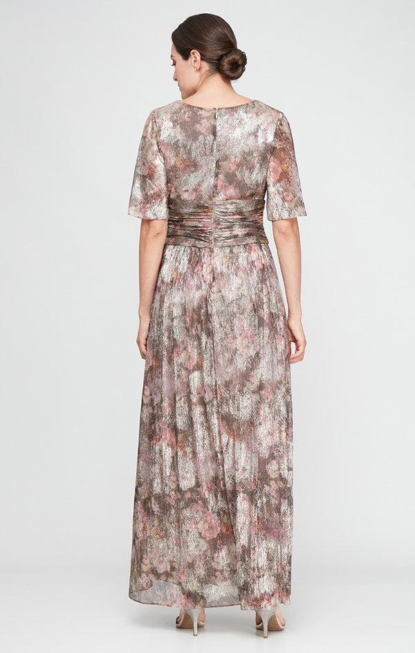 S.L. Fashions Regular - Long Metallic Knit Surplice Dress With Ruched Waist & Flutter Sleeves