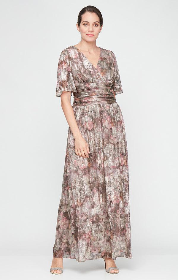 S.L. Fashions Regular - Long Metallic Knit Surplice Dress with Ruched Waist & Flutter Sleeves