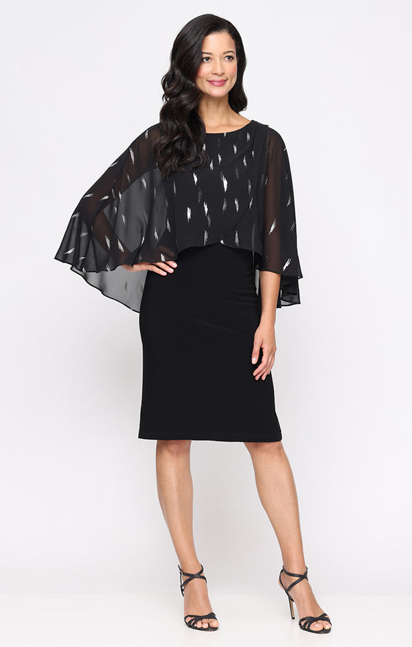S.L. Fashions Regular - Matte Jersey Sheath Dress with Foil Printed Chiffon Overlay Bodice