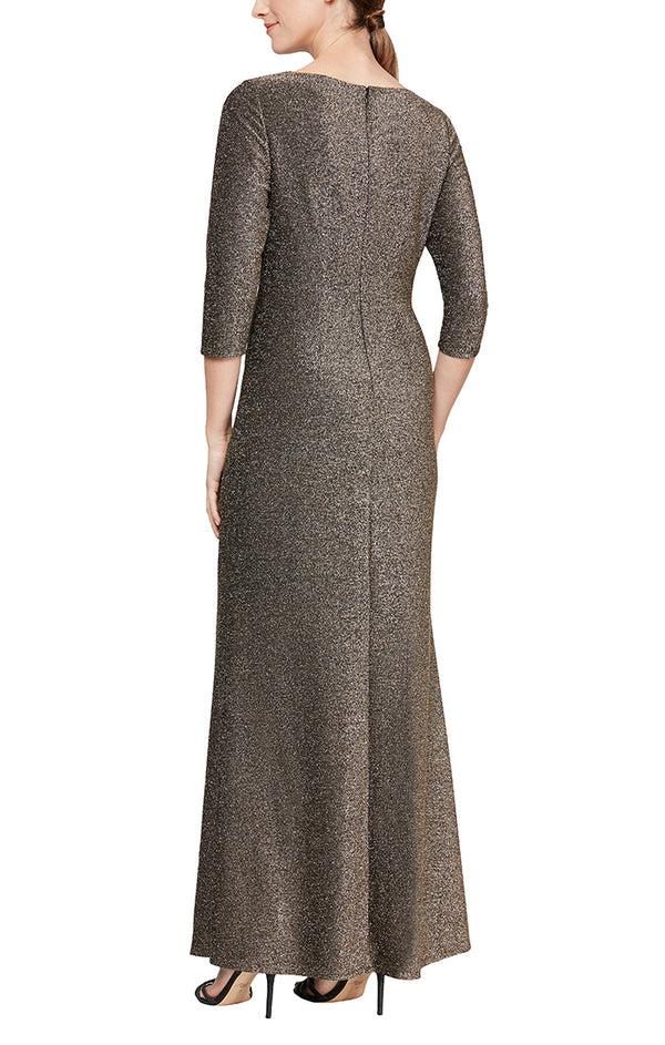 S.L. Fashions Regular - Metallic Knit Dress With 3/4 Sleeve With Ruching At The Waist And Slit At The Front