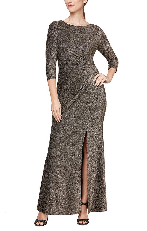 S.L. Fashions Regular - Metallic Knit Dress with 3/4 sleeve with Ruching at the waist and slit at the front
