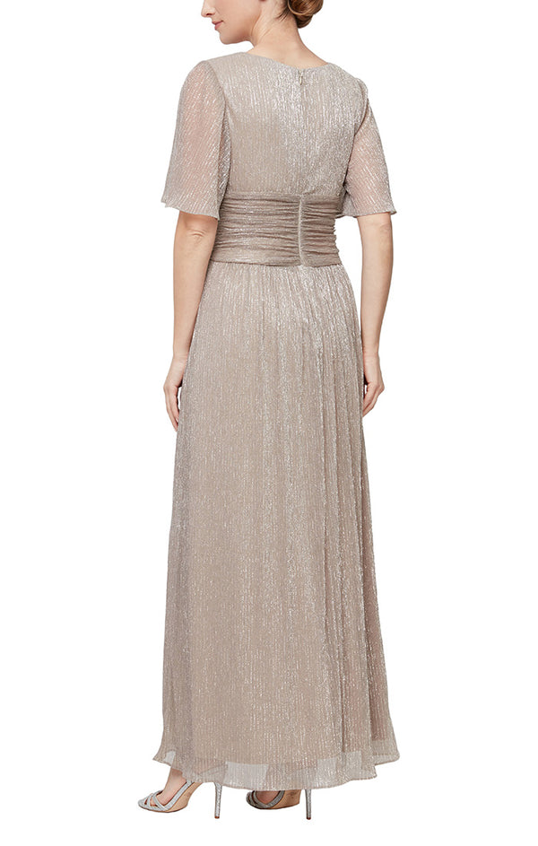 S.L. Fashions Regular - Metallic Knit Dress With Surplice Neckline Flutter Sleeves And Ruched Waist Detail
