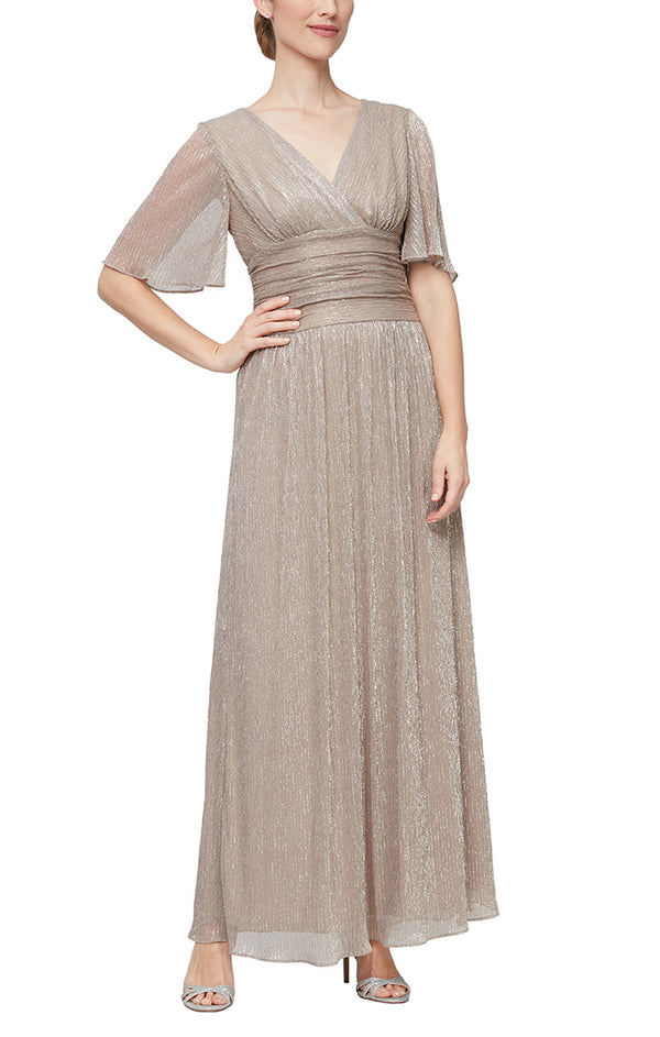 S.L. Fashions Regular - Metallic Knit Dress with Surplice Neckline Flutter Sleeves and Ruched Waist Detail