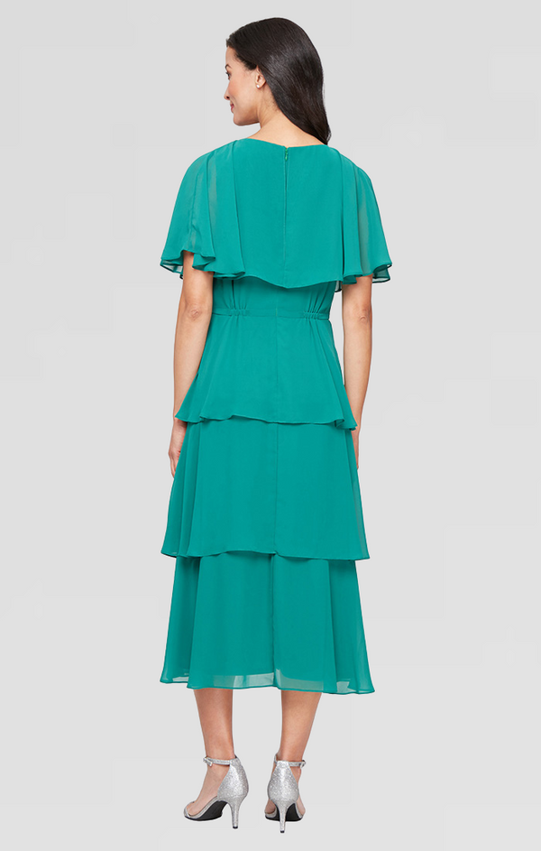 S.L. Fashions Regular - Midi Chiffon Dress With Surplice Neckline Embellished Waist And Tiered Skirt