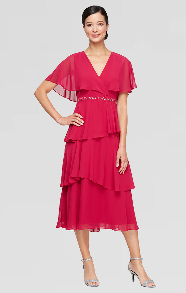 S.L. Fashions Regular - Midi Chiffon Dress With Surplice Neckline Embellished Waist And Tiered Skirt