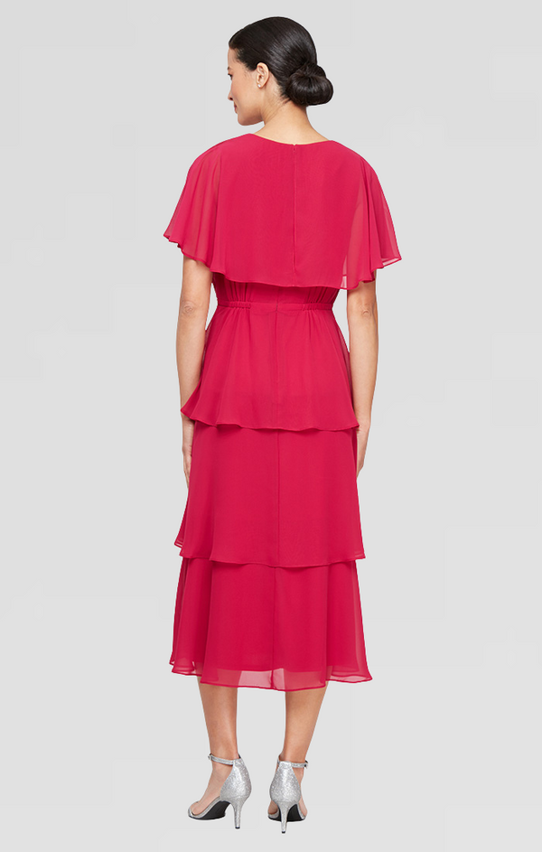 S.L. Fashions Regular - Midi Chiffon Dress With Surplice Neckline Embellished Waist And Tiered Skirt