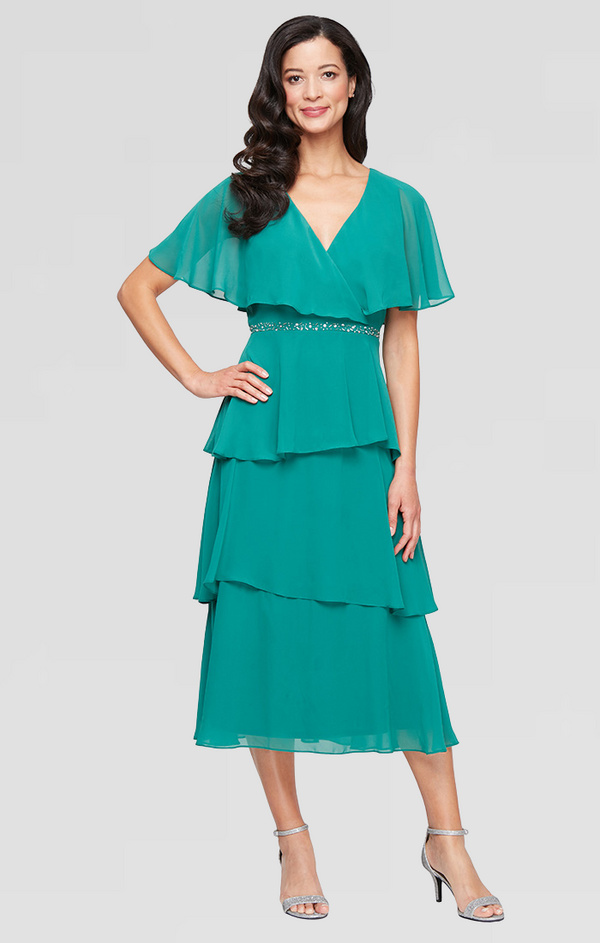 S.L. Fashions Regular - Midi Chiffon Dress with Surplice Neckline Embellished Waist and Tiered Skirt