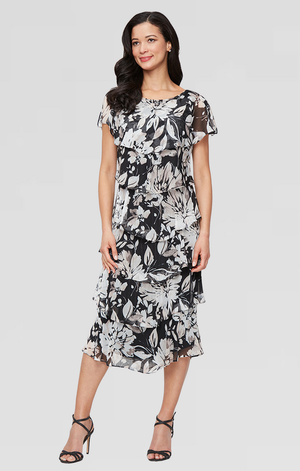 S.L. Fashions Regular - Midi Printed Dress with Embellishment at Shoulders